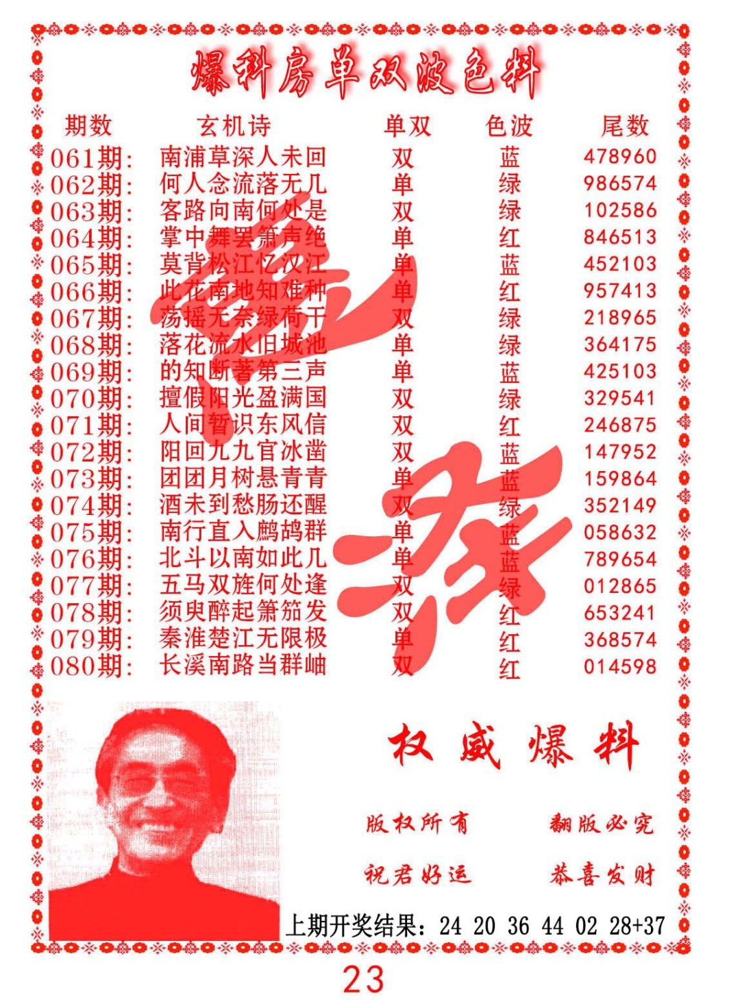 067期爆料房单双波色料[图]